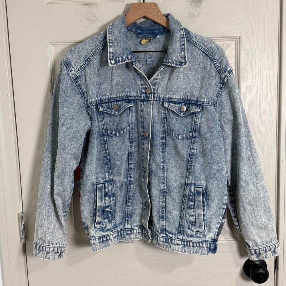 Divided Denim Jacket Womens 2 American Flag Acid Wash Trucker Patriotic USA
